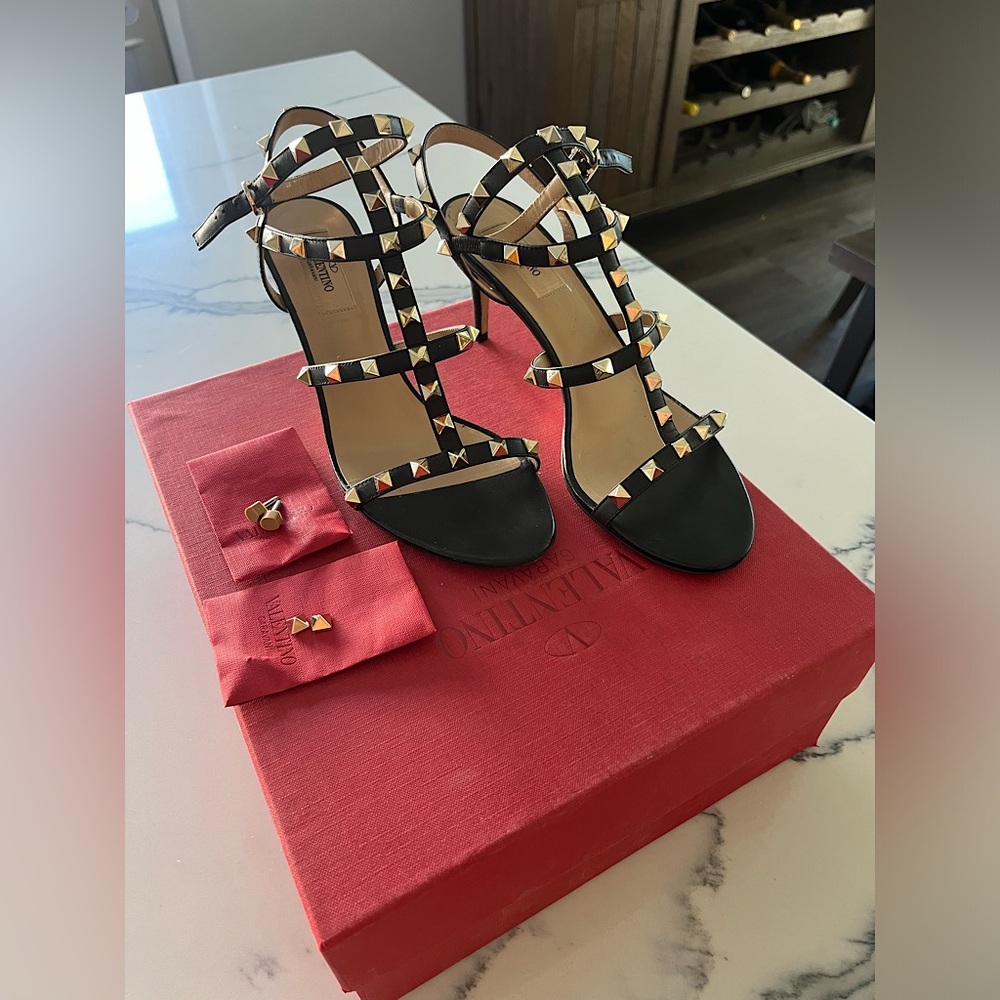 Valentino Garavani Black and Gold Studded Heels